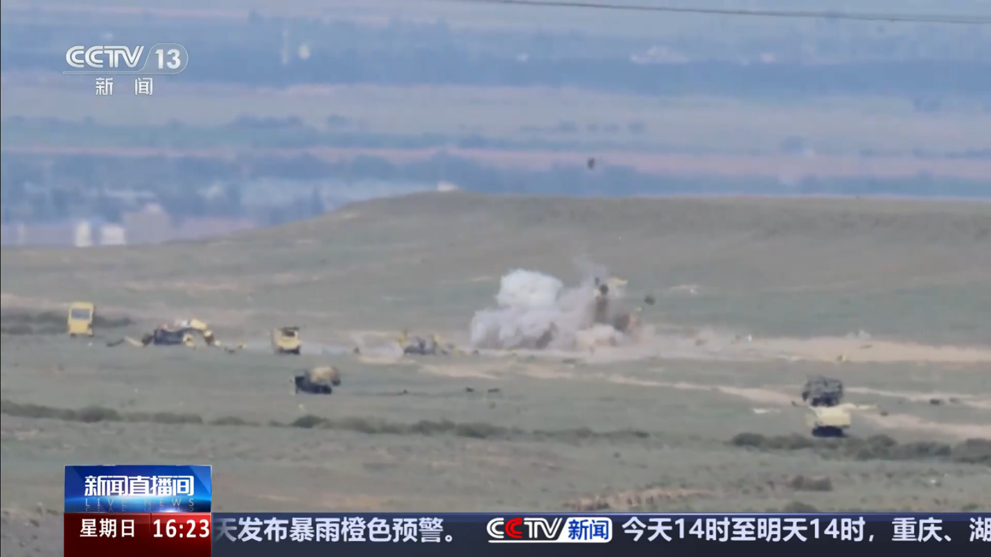 A PAC-3 missile launcher mockup explodes after a KD-9 air-to-ground missile strike
